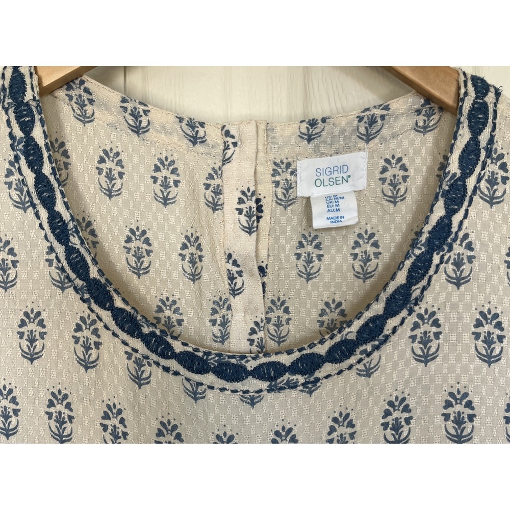 Sigrid Olsen Tan Blue Cottage Floral Embroidered Peasant Boho Babydoll Womens M - Picture 2 of 10